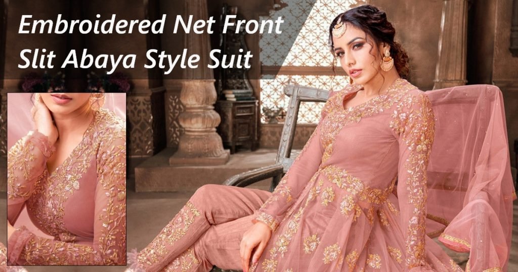 Embroidered Net Front Slit Abaya Style Suit